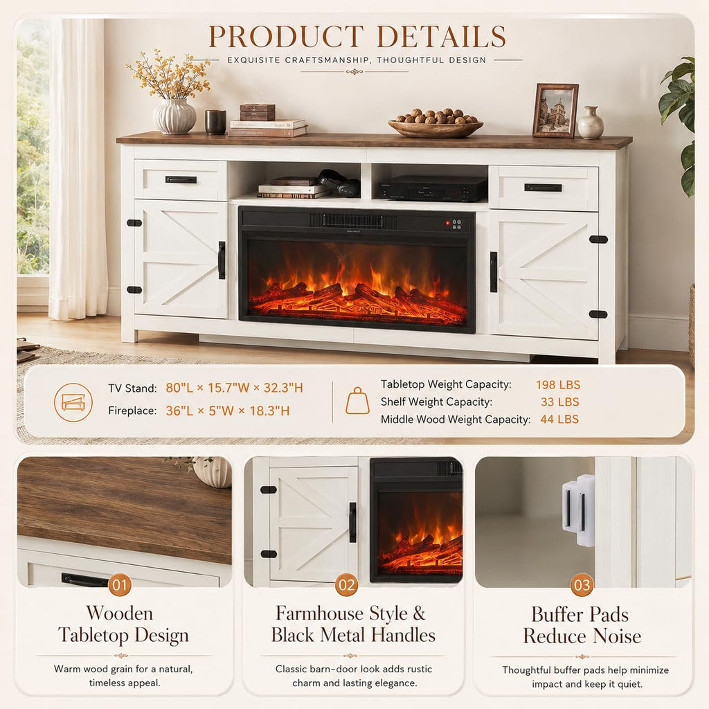 Farmhouse Fireplace TV Stand with Barn Door, 80 inch, White