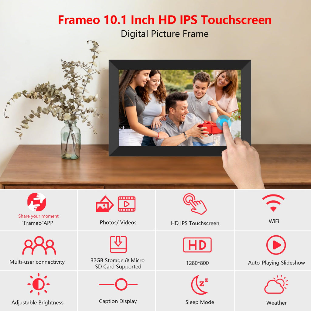 Frameo 10.1 Inch WiFi Digital Photo Frame, 32GB Digital Picture Frame with 1280x800 IPS HD Touch Screen, Auto-Rotate