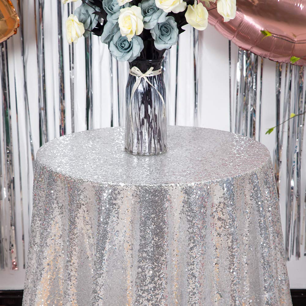 Silver Sequin Tablecloth, Glitter Party Table Cover 120 Inch Round