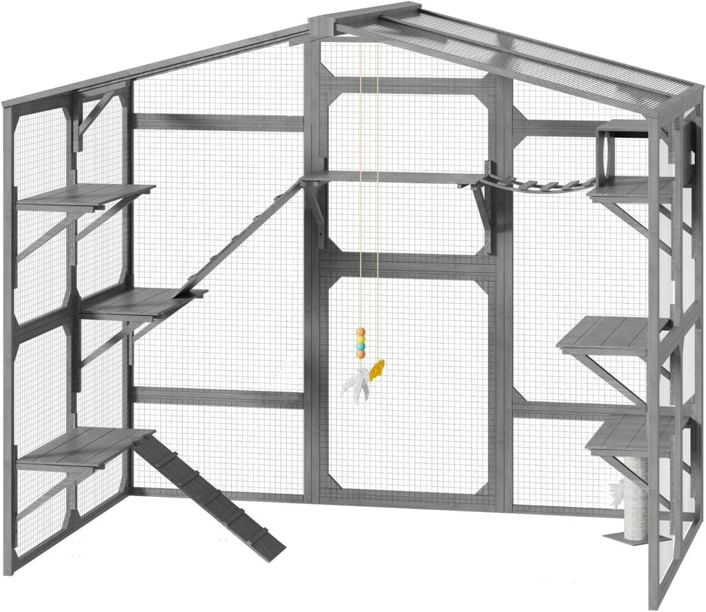 Large Outdoor Catio Cat Enclosure, Solid Wood, Grey