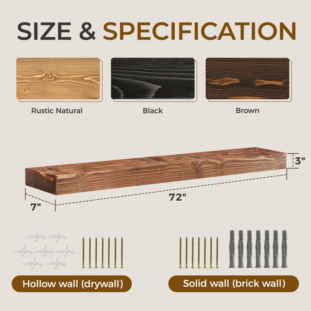 Fireplace Mantel 72'' Solid Wood Floating Shelf, 3'' Thick, Brown