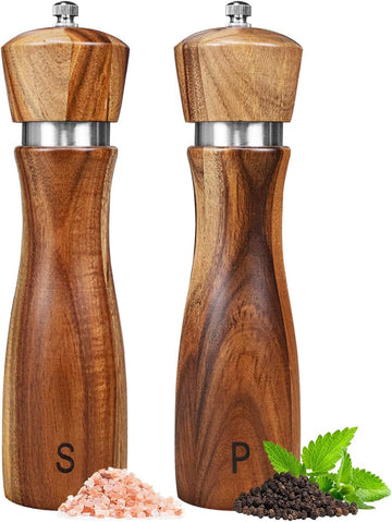 Acacia Wood Salt and Pepper Grinder Set Kitchen Home 8 Inch - Set of 2