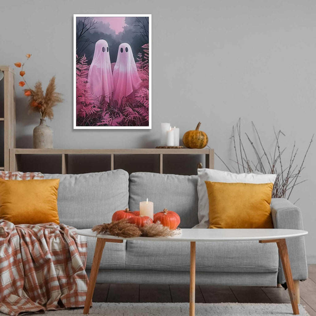 Retro White Two Ghost Posters Cute Horror Scary Wall Art Two Ghosts Wandering In The Plant Forest During The Day