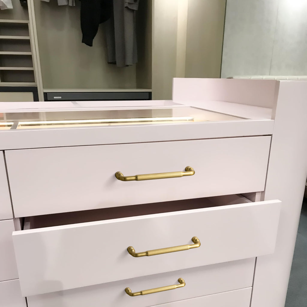 Brushed Gold Cabinet Pulls, Solid Fluted Drawer Handles, 5 Inch (128mm) Hole Center Art Deco Dresser Hardware