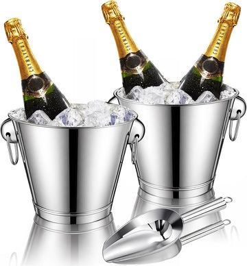 Quart Champagne Bucket Wine Bucket Metal Ice Container with 6 oz Ice Scoop and Handles Stainless Steel - Set of 2
