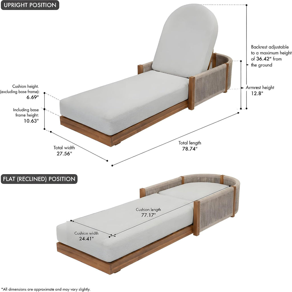 Patio Chaise Lounge Chair with Cushions Set of 2, 78'' Acacia Wood Adjustable Reclining Chaise with 5-Positions