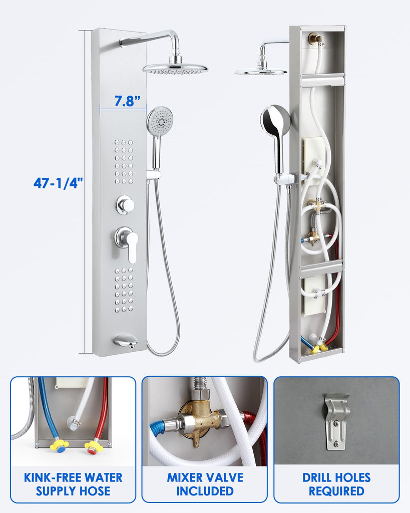 Shower Panel Tower System, 4 Functions, Surface Wall Mount, Brushed