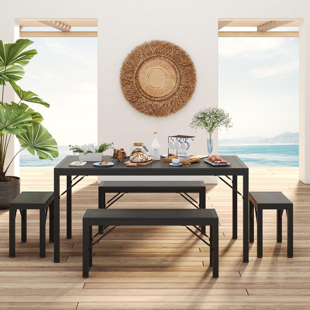 63" Dining Table Set for 6, Kitchen Table w/Bench & Stools Black