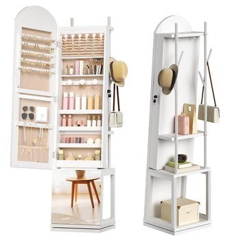 360° Swivel Jewelry Cabinet with LED Lights, Standing Jewelry Organizer with Storage Shelf, Arched Full-Length
