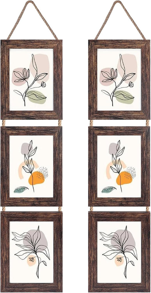 Wall Hanging 5x7 Picture Frames Set of 2, Vertical Collage Distressed Brown Triple Frame Made to Display 5 by 7 inch