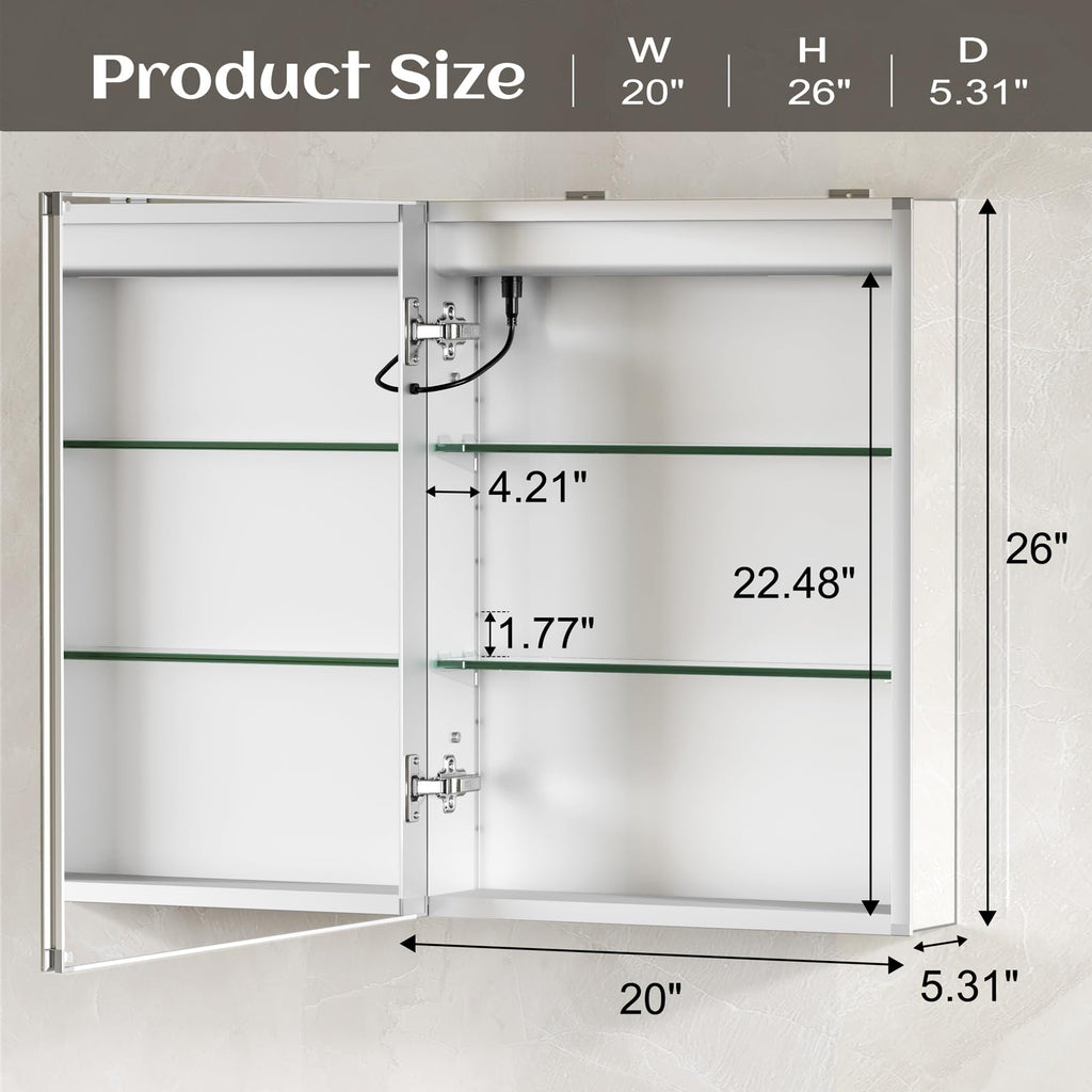 LED Lighted Medicine Cabinet with Mirror, Bathroom Mirror Cabinet with Lights, Outlet and USB, Recessed or Wall
