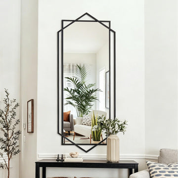 28"x 55" Black Decorative Mirror with Hexagon Metal Pipe Frame