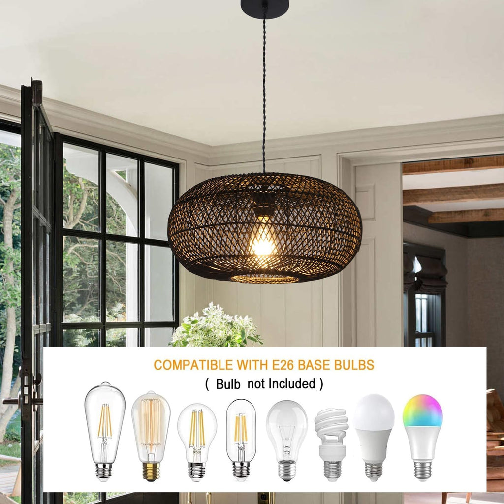 Rattan Pendant Light 15.75" 1-Light Hand-Woven Bamboo Rattan Hanging Lamp Large Globe Wicker Chandelier Modern