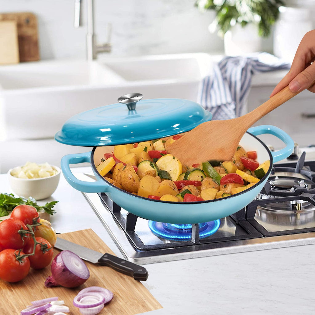 3.8 Quart Enameled Cast Iron Braiser Pan with Lid, Shallow Dutch Oven, Teal