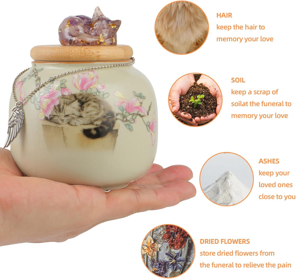 Cat Urn for Ashes Ceramic, Small Pet Urn with Crystal Cat Sculpture Trim