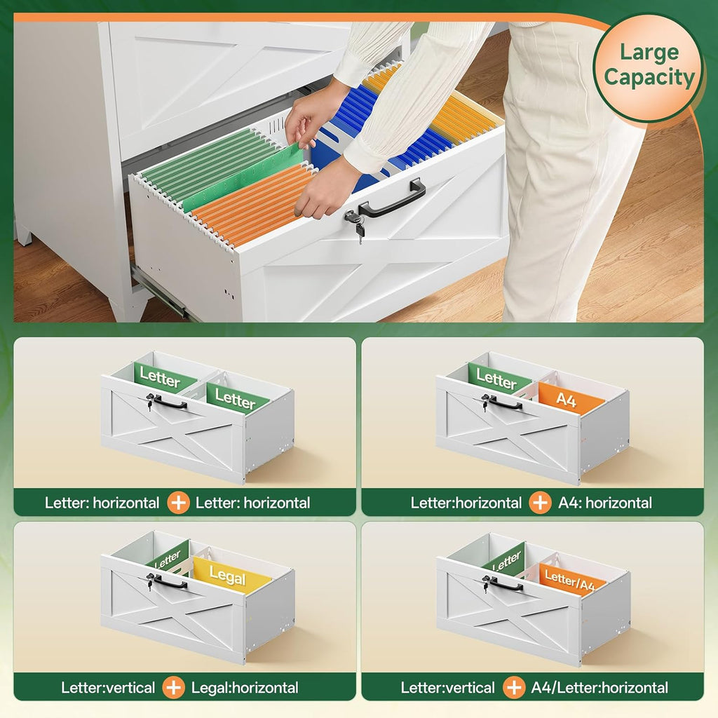 2 Drawer File Cabinet with Lock and Feet,Metal Lateral Filing Cabinet ,Hanging Letter/Legal/A4 Size (White-A, 16" D x