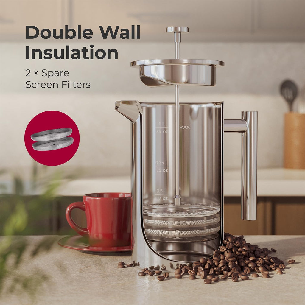 Living French Press Coffee Maker 34oz, Stainless Steel French Press Coffee, 4 Filter Heat Resistant Double Insulated