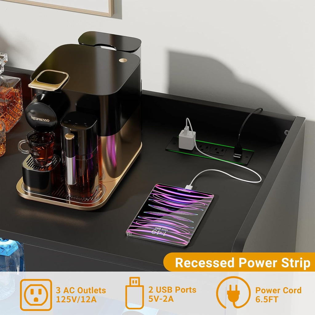 Coffee Bar Cabinet with Power Outlets and LED Light, Black | Liquor Cabinet with Wine Rack & Glass Holder, Bar Cart