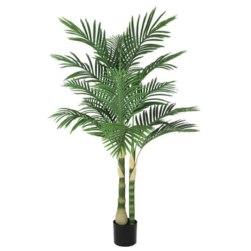 5ft Ultra-Full UV Resistant Fake Golden Cane Palm Tree with Double Trunks, 60in Tall Artificial Palm Tree Indoor