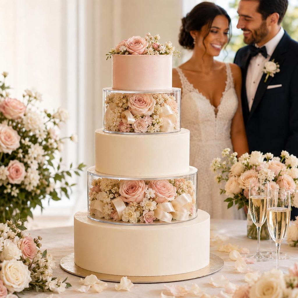 Acrylic Cake Stand, Clear Cake Stand Fillable Round Riser, 6 and 8 Inch Display Pedestals for Wedding - Set of 2