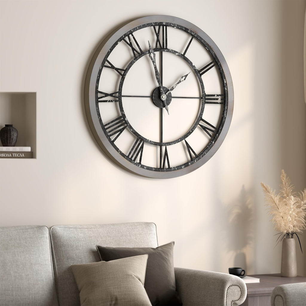 30 Inch Large Wall Clock Rustic Industrial Wood Frame Roman Numeral