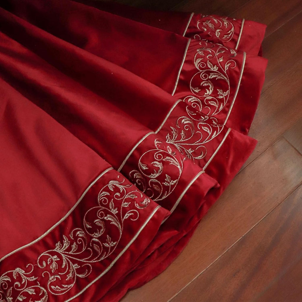 Christmas Tree Skirt 60 inch, Red Luxury Velvet Plush Faux Fur Extra Large Skirts with Golden Embroidered Vintage