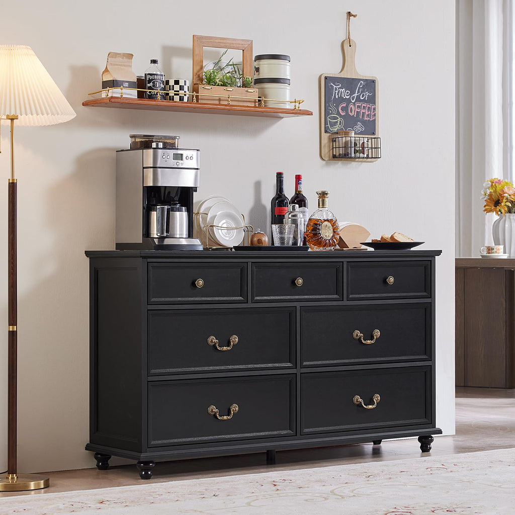 Farmhouse 7 Drawers Dresser, Black 54 Inch Wide Chest of Drawers w/ 4 Wooden Legs, Large Vintage Rustic Closet