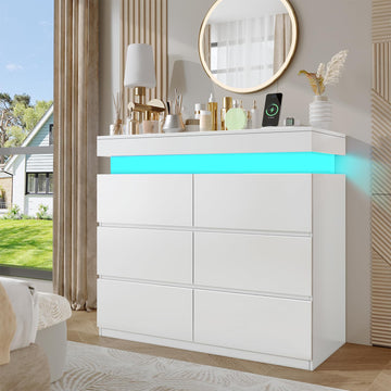 6 Drawer Dresser with Led Lights, 39" Wide White Wooden Dresser, Modern Chest of Drawers with Power Outlet & Flip