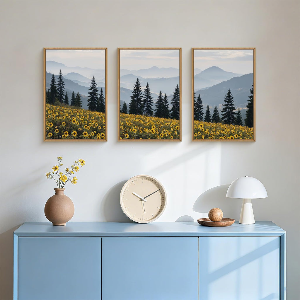 Large Boho Wildness Sunflowers Framed Canvas Wall Art Set, Nature Pine Tree Mountain Wall Decor, Misty Forest