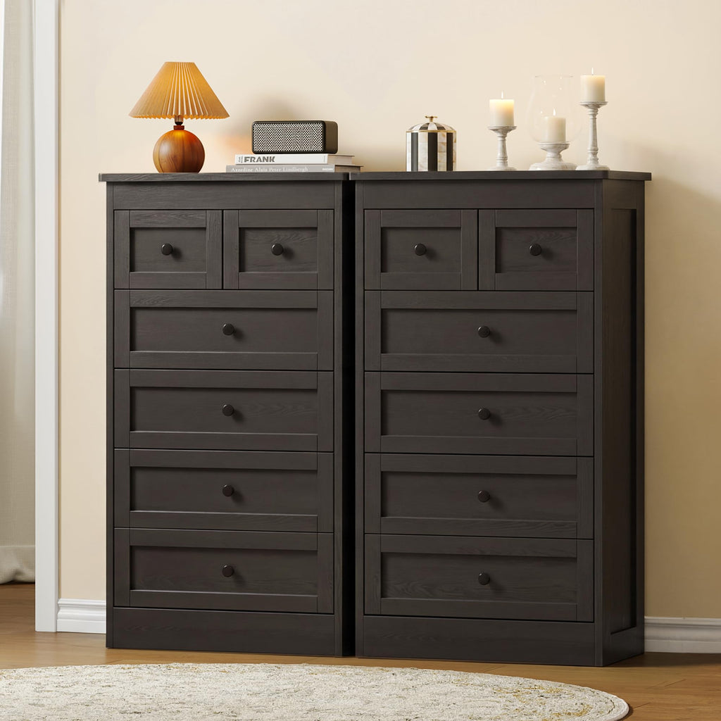 Tall 6 Drawer Dresser, Black Modern 43.3'' Tall Wood Chest of Drawers, Storage Organizer with Smooth Metal Rails &