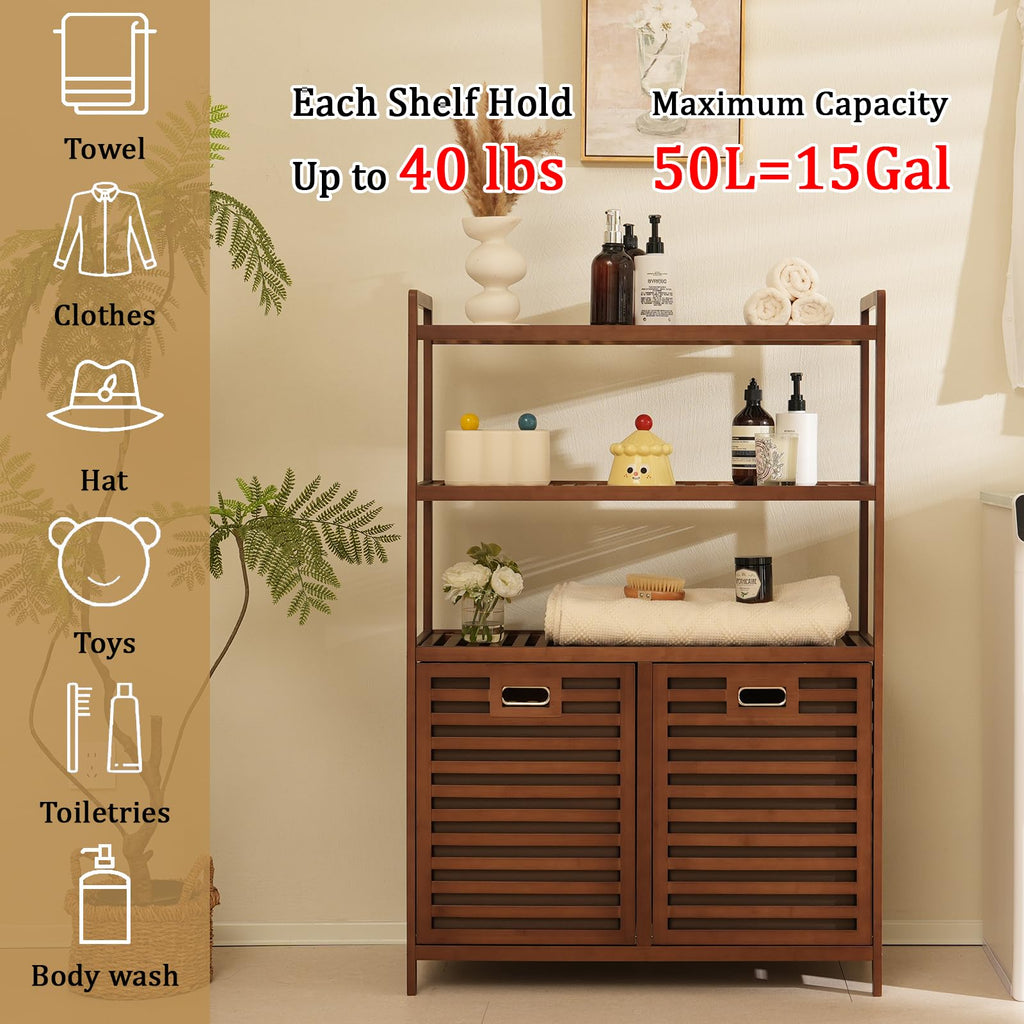 Tilt Out Laundry Hamper, Bamboo Double Laundry Hamper with Shelf