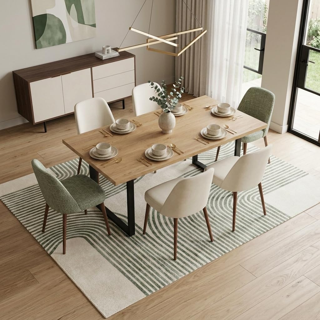 5x7 Area Rug, Green and Beige Modern Geometric Arch Stripe Rug, Machine Washable Non-Slip Low Pile Faux Cashmere