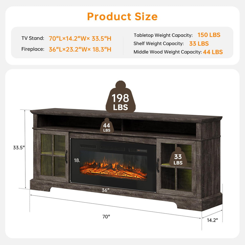 70" TV Stand with Electric Fireplace for TVs Up to 80", Gray & Black