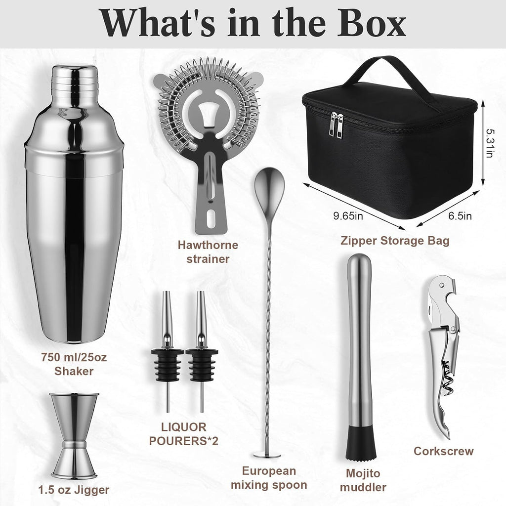Travel Bartender Kit Cocktail Shaker Set with Bag 25oz Martini Shaker Kit, Ice Crusher, Wine Opener, Strainer - Set of 9
