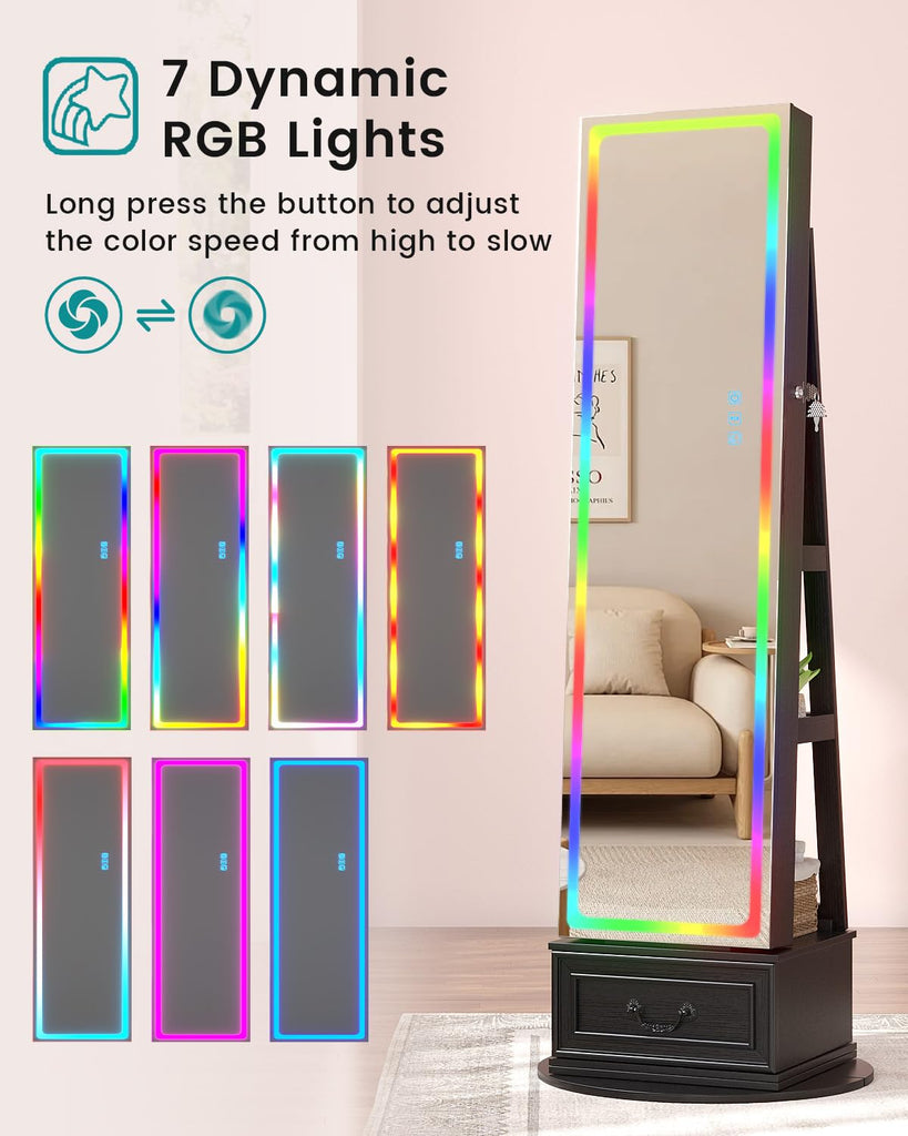 LED Mirror Jewelry Cabinet with Lights, 360° Swivel, Black