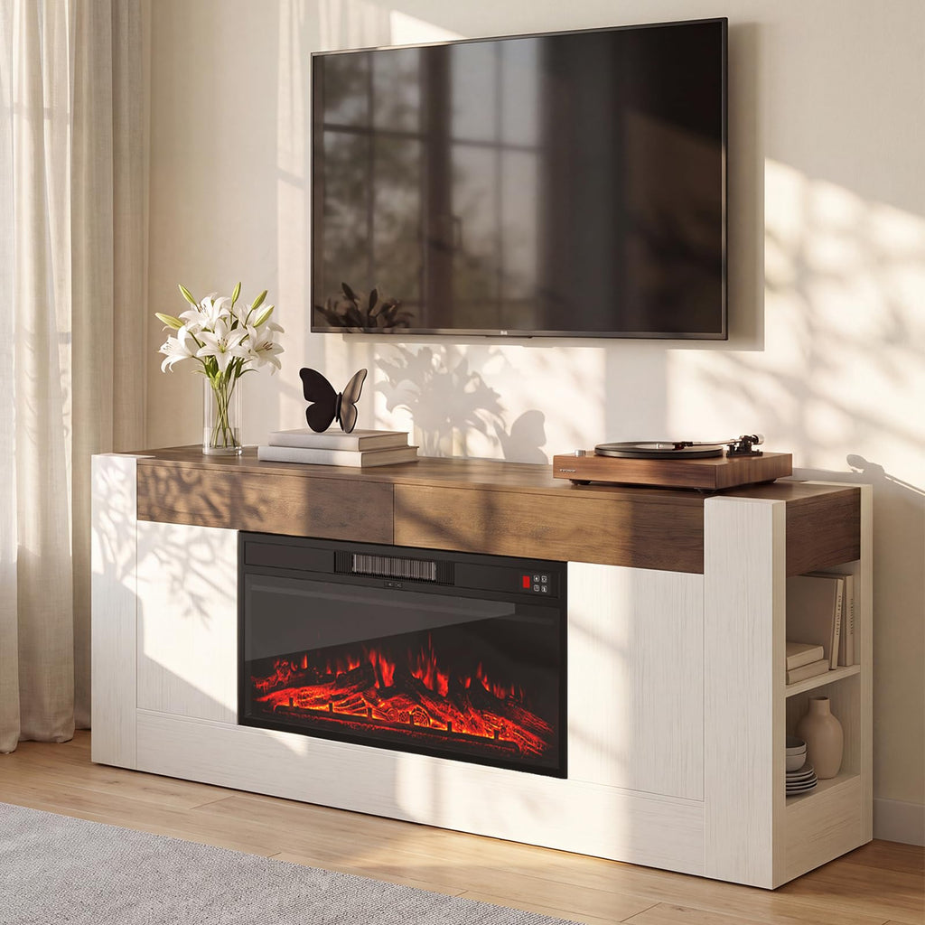 Modern 70 inch TV Stand with Electric Fireplace and Storage, White