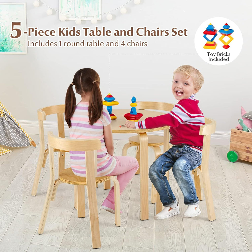 Kids Table and Chairs, Brich Round Toddler Table and Chair Set with Toy Bricks, Smooth Surfaces & Ergonomic Backrest