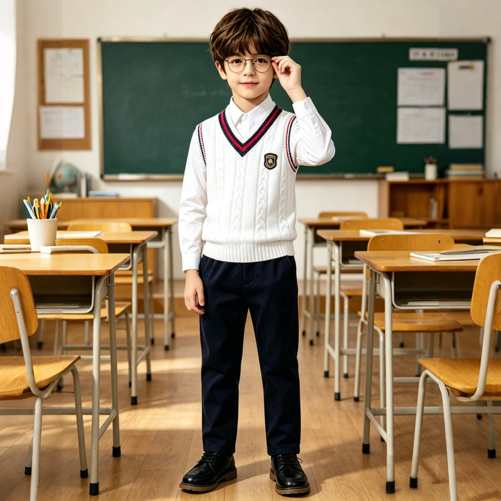 Boys Knit Cotton V Neck Sweater Vest Sleeveles Toddler Vest Collar Ribbed Sweater Girls School Uniform Clothes White