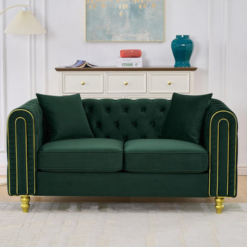 Velvet Chesterfield Button Tufted Sofa, Modern 2 Deep Seater Couch, Upholstered Comfy Loveseat Sofa with 2 Pillows