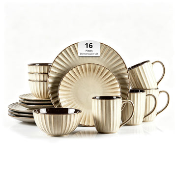 Ribbed Stoneware Dinnerware Set, Reactive Glaze Golden Cream, Service for 4