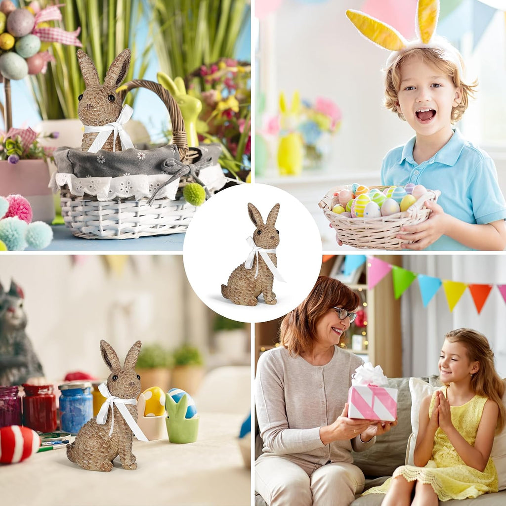 Rattan Effect Resin Bunny Easter Decor,Table Rabbit Easter Decorations,Spring Bunnies Decoration Statue Figurine - Set of 2