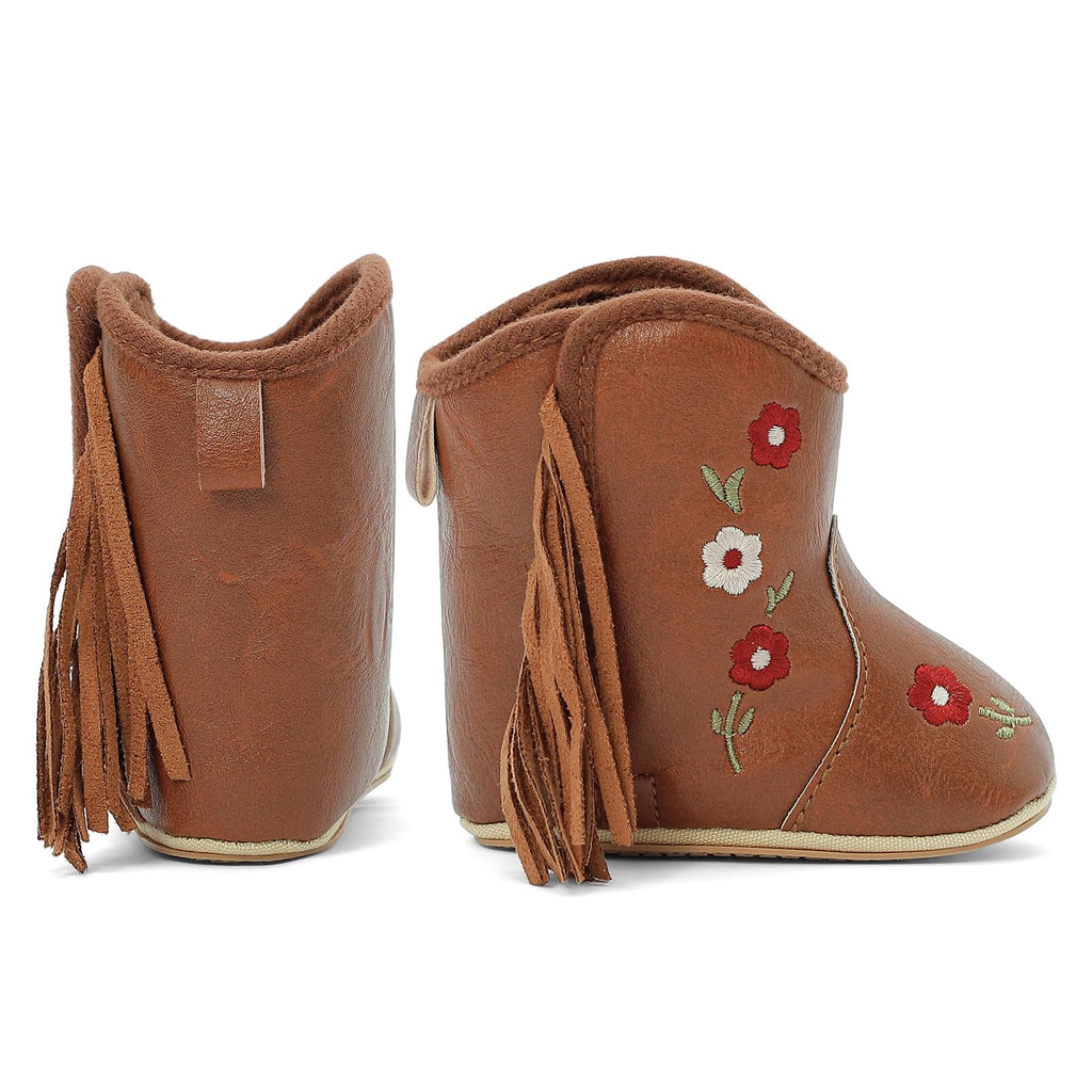 Baby Cowgirl Boots Infant Floral Embroidered Fringe Western Shoes for First Walker (Brown/flowers, )