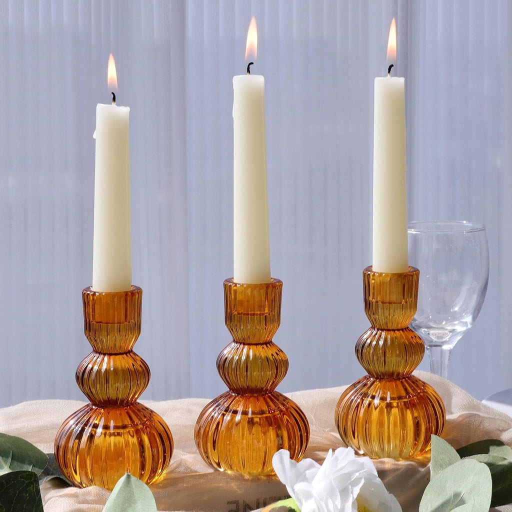 Amber Taper Candle Holders 4.3" H for Halloween/Thanksgiving Decorations Ribbed Glass Candlestick Holders - Set of 3