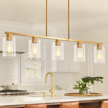 Island Light, Brushed Gold Dining Room Light Fixture Over Table, 5-Light Linear Chandelier Pendant Lighting