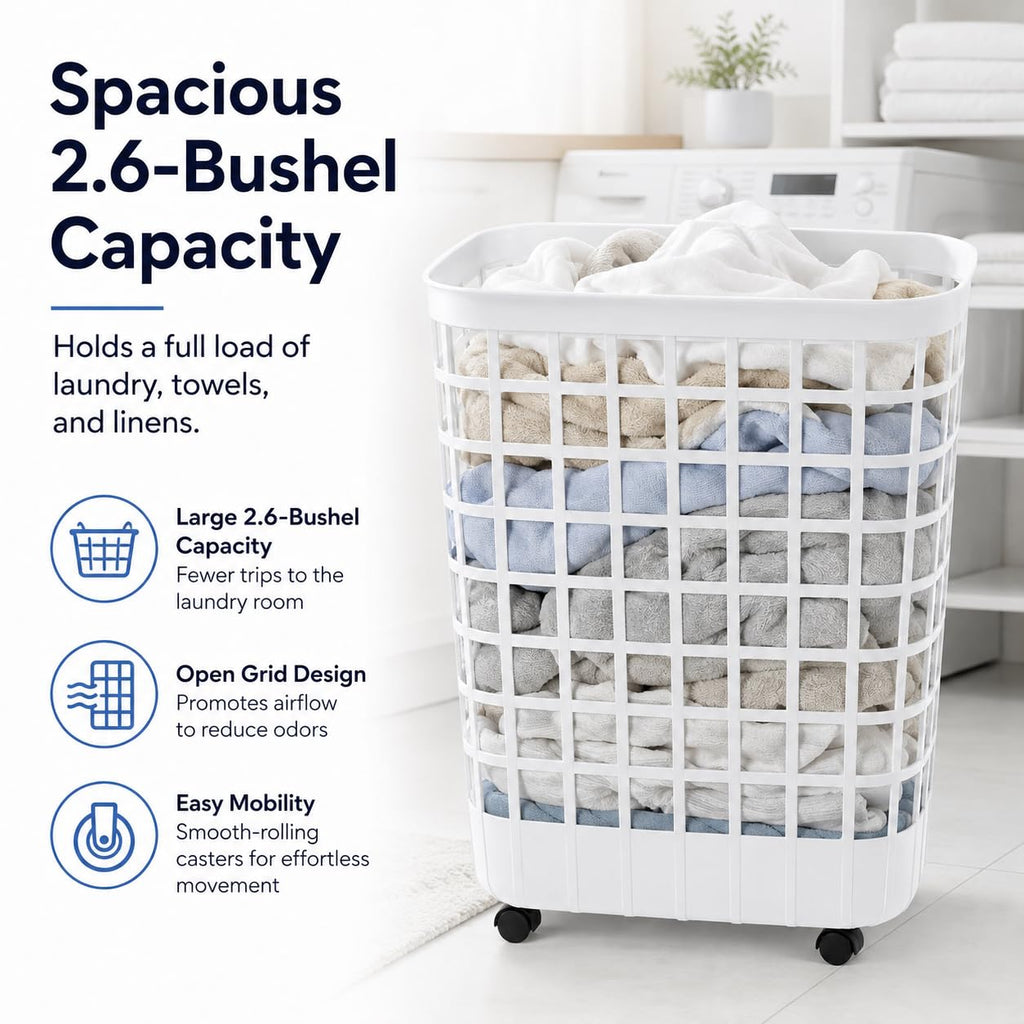 White Rolling Laundry Hamper 2.6 Bushel with Smooth-Glide Wheels