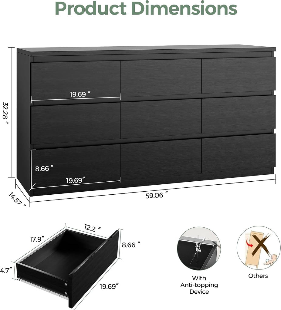 White 9 Drawer Dresser ,Modern Wood Dressers & Chest of Drawers with No-Handle Design, Long Dressers for Closet