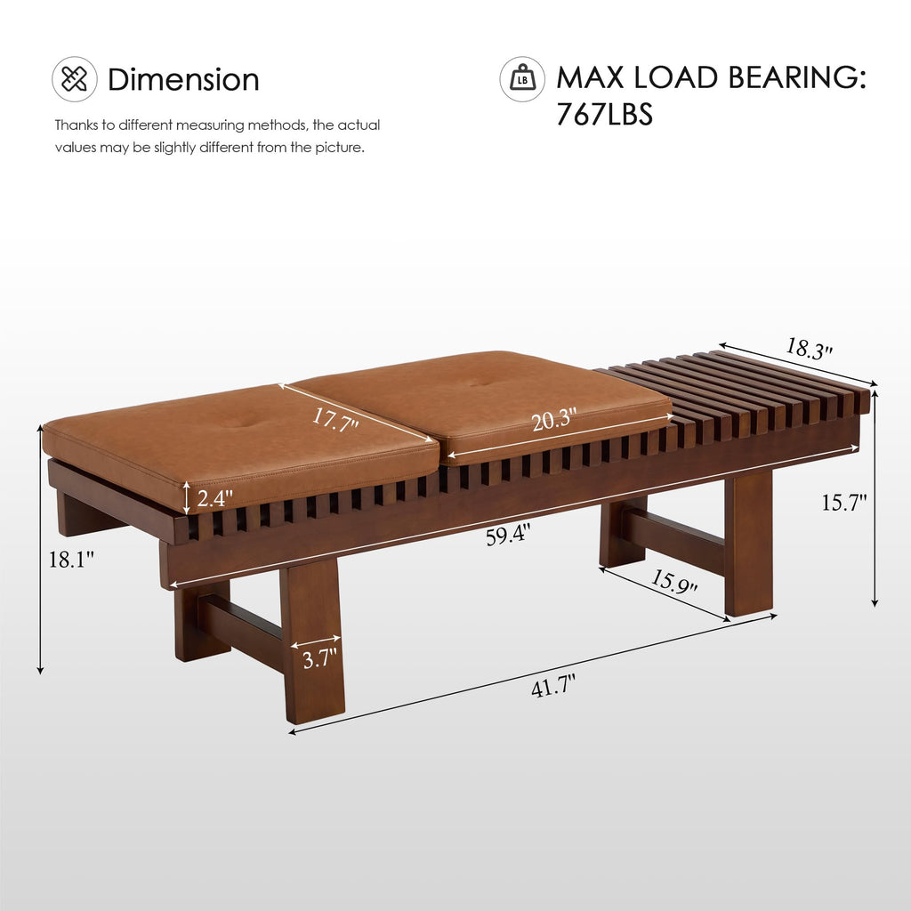 Solid Wood Entryway Bench, 59.4" End of Bed Bench with Removable Cushions & Wooden Legs, Farmhouse Indoor Bench