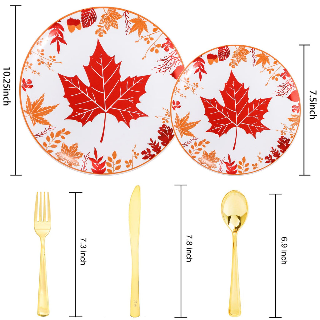 Thanksgiving Plastic Plates- Include 30 Dinner Plates, 30 Dessert Plate, 30 Forks, 30 Gold Spoons, 30 Gold
