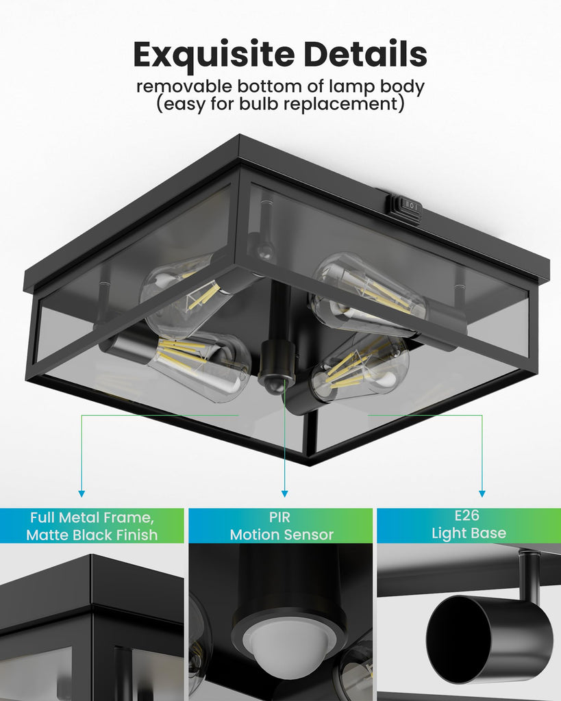 Caftersmark Outdoor Ceiling Light with Motion Sensor 14in, Flush Mount Porch Ceiling Light, lear Glass with Dusk to