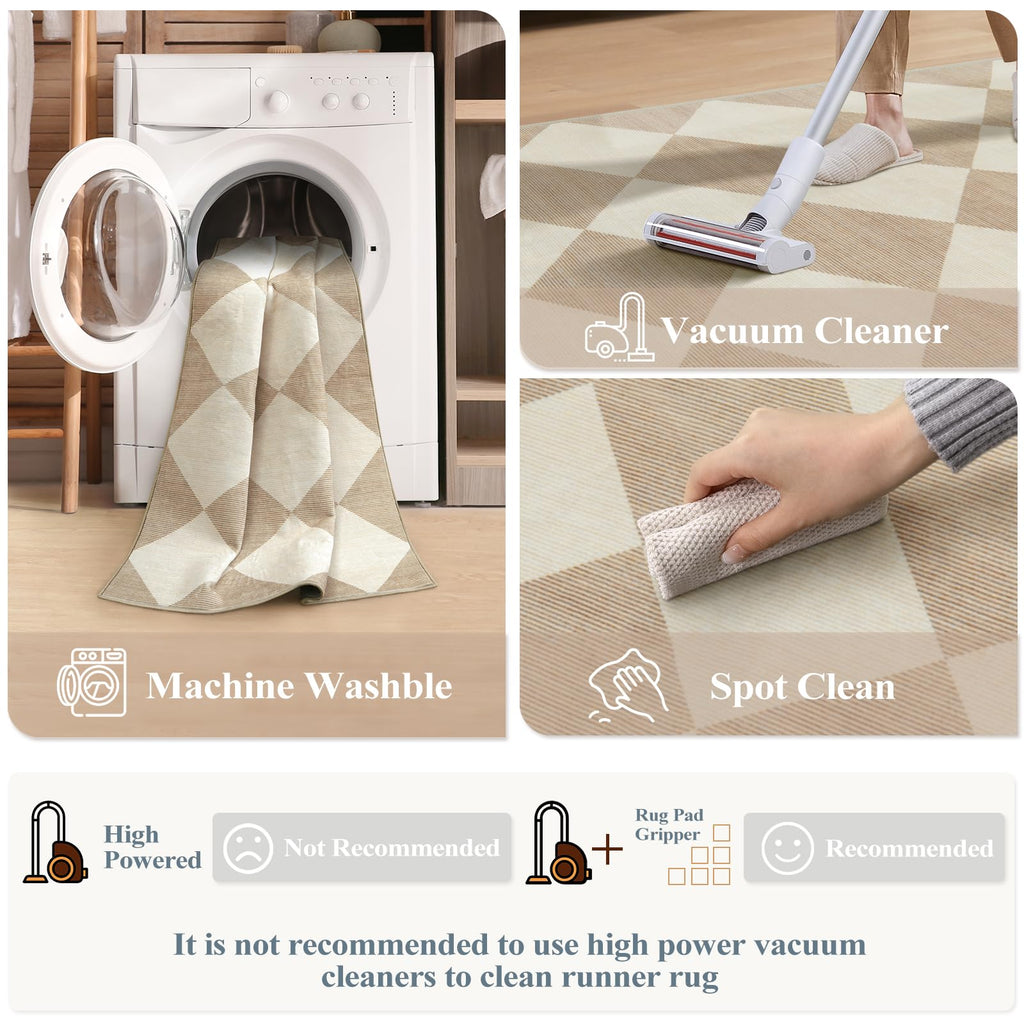 Checkered Print Carpet Runners 12ft, Beige Neutral Washable Long Hallway Runner Rug, Moroccan Gingham Diamond